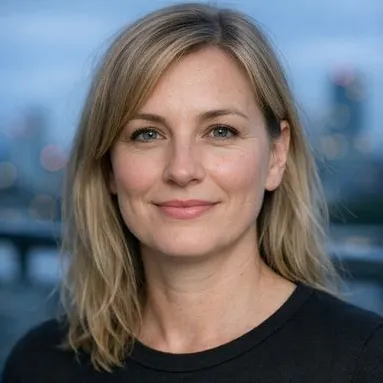 Woman in mid-40s, ash blonde hair, gray-green eyes, calm expression, dark crew-neck top