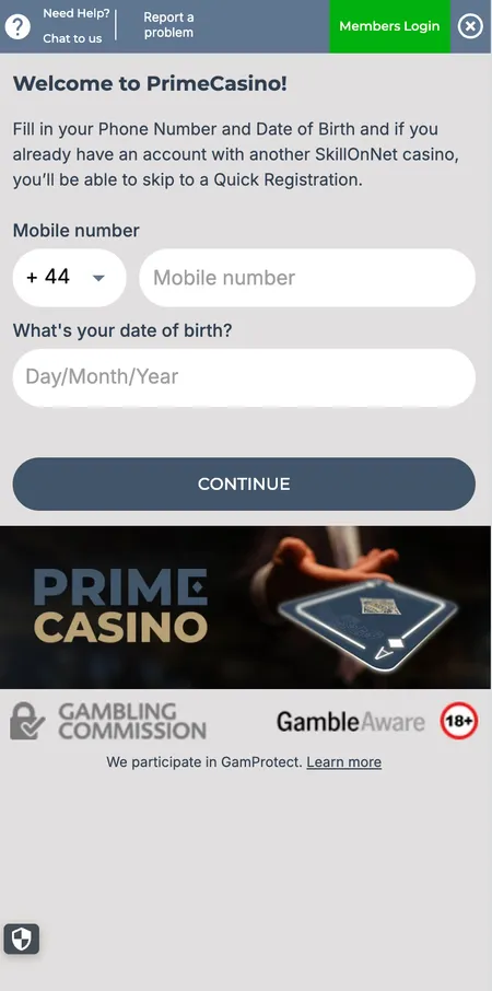 Prime Casino registration form first step